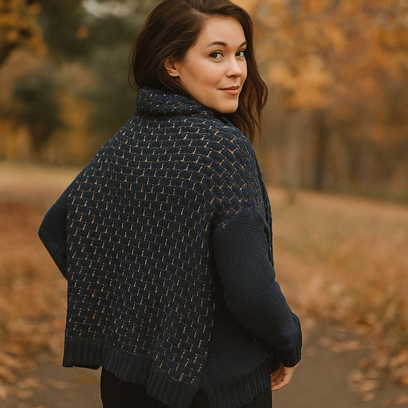 NWT Nine West Jeans Sweater LARGE Cowl Neck Wicked Navy Roxanne Missy Shiny NEW - Picture 2 of 11